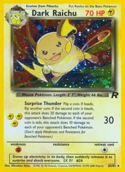 Pokemon Team Rocket Holo Card - Dark Raichu 83/82