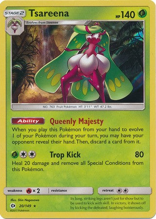 sun and moon pokemon rare cards Tsareena 20/149 Holo Rare