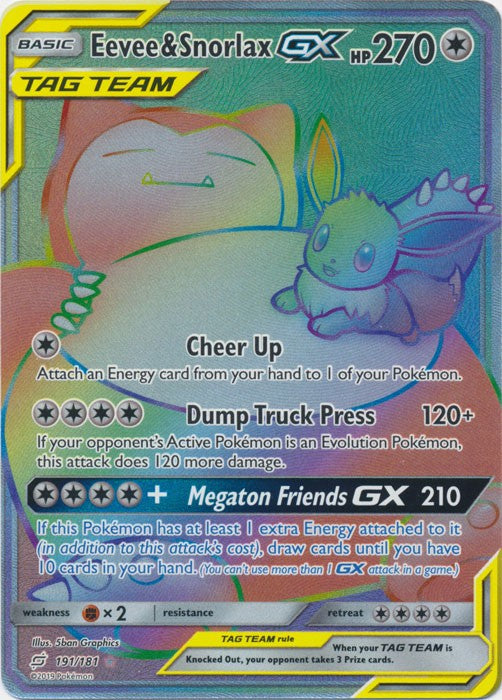 Eevee & Snorlax-GX (Hyper Rare) - 191/181 Pokemon » SM Team Up Ultra Rare