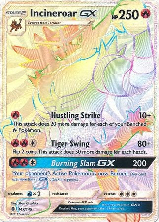 Incineroar GX 147/145 Hyper Rare - Pokemon Sun & Moon Guardians Rising Card