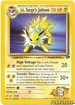 jolteon rare card Pokemon Gym Challenge Rare Lt. Surge's Jolteon #28