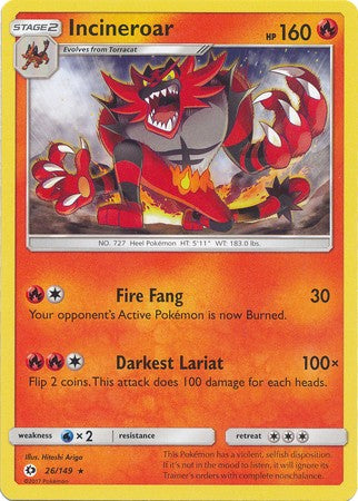 Incineroar 26/149 Rare - Pokemon Sun & Moon Base Set Single Card