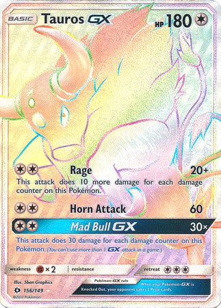 Tauros GX 156/149 Hyper Rare - Pokemon Sun & Moon Base Set Single Card Tauros GX 156/149 Hyper Rare - Pokemon Sun & Moon Base Set Single Card