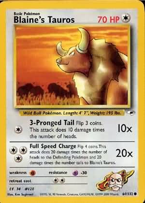 Pokemon Gym Heroes Common Card - Blaine's Tauros 64/132