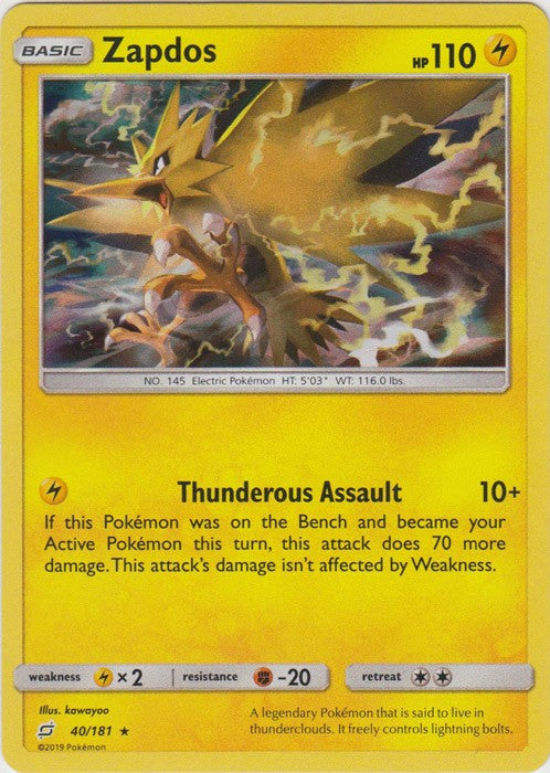 Pokemon Trading Card Game Team Up Rare Holo Zapdos #40 Pokemon Trading Card Game Team Up Rare Holo Zapdos #40