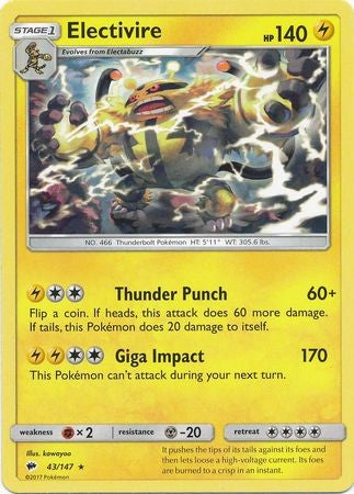 Electivire - 43/147 - Rare - Sun & Moon: Burning Shadows Electivire - 43/147 - Rare - Sun & Moon: Burning Shadows