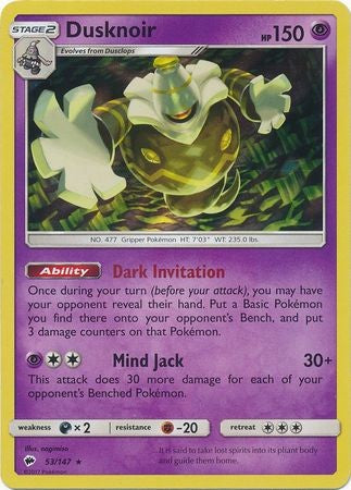 Dusknoir 53/147 Holo Rare - Pokemon Sun & Moon Burning Shadows Card