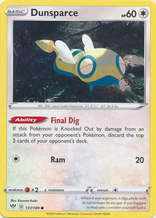 Dunsparce - 137/189 Pokemon » SWSH Darkness Ablaze Common