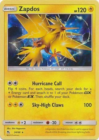 Zapdos - 24/68 - Holo Rare Sun & Moon: Hidden Fates Singles