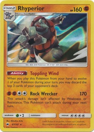 Rhyperior 67/147 Holo Rare - Pokemon Sun & Moon Burning Shadows Card