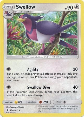 Swellow 104/145 Rare - Pokemon Sun & Moon Guardians Rising Card