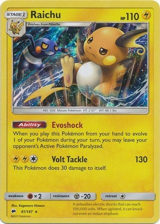 Raichu 41/147 Holo Rare - Pokemon Sun & Moon Burning Shadows Card