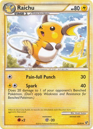 Pokemon Card HeartGold SoulSilver Undaunted Uncommon Raichu 33/90